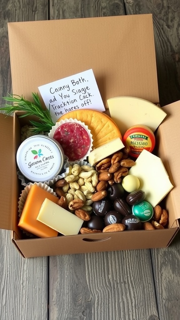 A creative and colorful snack box filled with gourmet cheeses, crackers, nuts, and chocolates, ready for gifting.